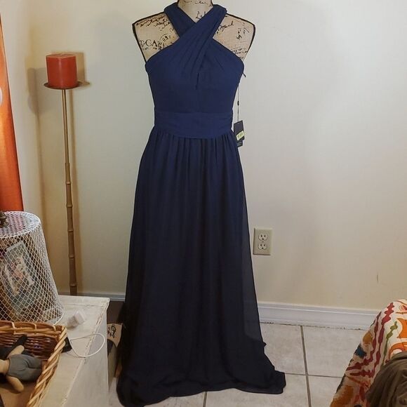 NWT Adrianna Papell Midnight Blue Halter Chiffon keyhole Maxi Gown Size 4 - Picture 1 of 12